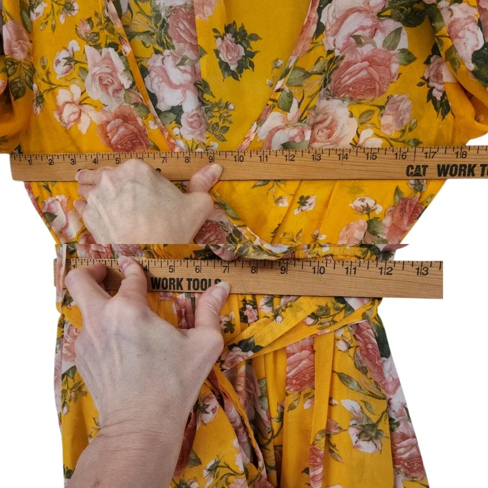Petal Roz Maxi Dress M Fairy Whimsical Yellow Floral Faux Wrap Long Sleeve‎ Boho